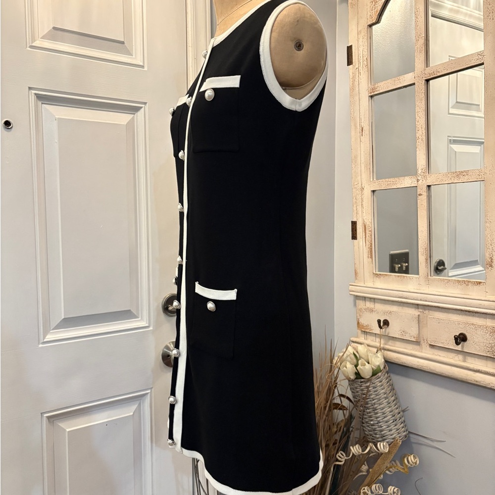 Commense  Sleeveless Black and White Faux Pearl-Trim Chanel Style MIDI Dress L‎ - Picture 4 of 8